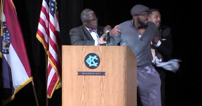 Derron Black disrupts Kansas City Mayor Sly James' State of the City address on Tuesday, March 19.