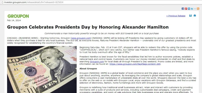 Groupon distributed a news release on Monday that erroneously identifies Alexander Hamilton as a former U.S. president. (Photo: Screengrab from: http://investor.groupon.com/releasedetail.cfm?releaseid=825834)