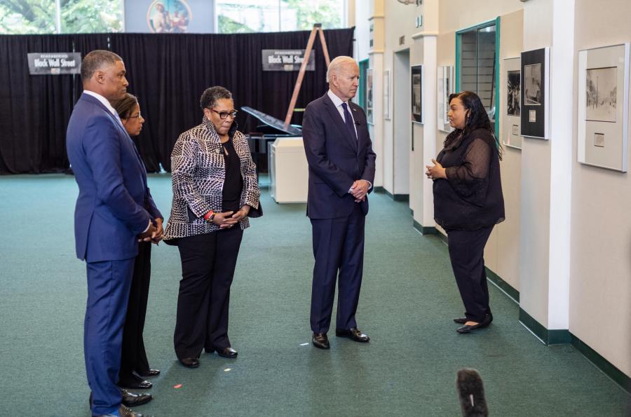 image of US President Joe Biden (2R), with Urban Development Marcia Fudge (3L), Director of the Domestic Policy Council Susan Rice