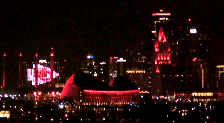 Downtown Kansas City lit red
