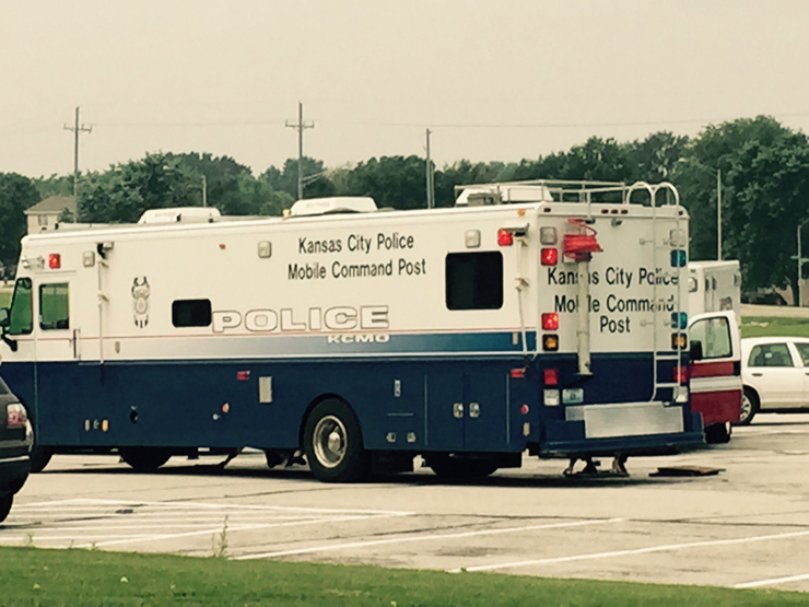 KCPD mobile command looking for gunman who shot two people in the Northland -Staley area.