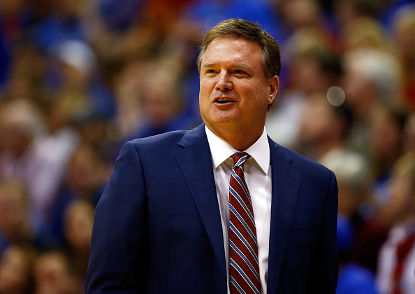 LAWRENCE, KS - DECEMBER 05: Head coach Bill Self of the Kansas Jayhawks reacts from the bench during the game against the Harvard Crimson at Allen Fieldhouse on December 5, 2015 in Lawrence, Kansas. (Photo by Jamie Squire/Getty Images)