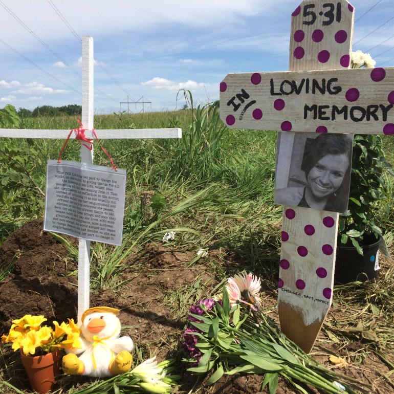A memorial is laid at the intersection of 191st Street and Nall Avenue.