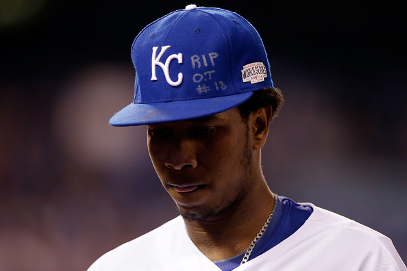 KANSAS CITY, MO - OCTOBER 28: An inscription honoring the late Oscar Taveras is seen on the hat of Yordano Ventura #30 of the Kansas City Royals during Game Six of the 2014 World Series at Kauffman Stadium on October 28, 2014 in Kansas City, Missouri. (Photo by Ezra Shaw/Getty Images)